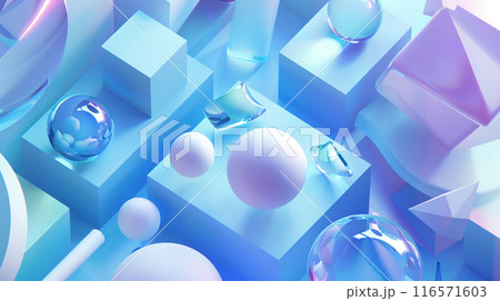 An abstract background with various geometric shapes, including cubes, spheres, and irregular forms, predominantly in shades of blue with subtle hints of white and purple. 116571603