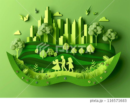 Paper art of family and park on green town shape. Origami concept and ecology idea.  116571683