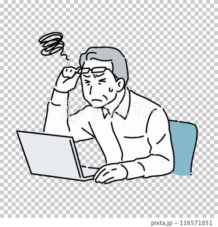 A middle-aged man who has difficulty reading text on a computer due to presbyopia A middle-aged man who has difficulty reading text on a computer due to presbyopia 116571851