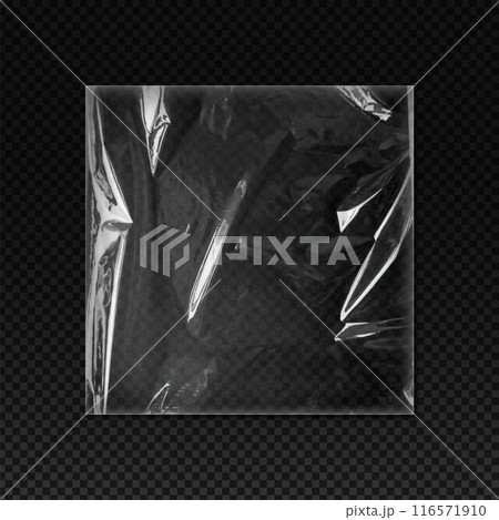 Realistic vector design of crumpled plastic packaging on isolated black background. Realistic vector design of crumpled plastic packaging on isolated black background. 116571910