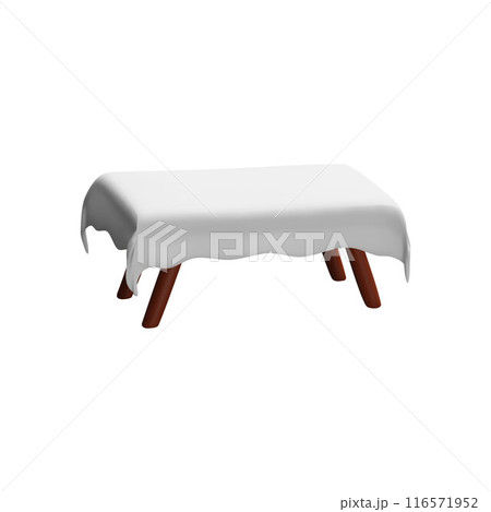Empty wooden or plastic brown table with white tablecloth 3D style vector icon, volumetric dining room furniture 116571952
