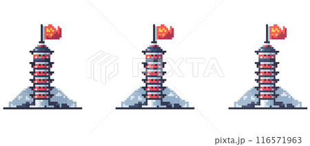Pixel art depiction of a traditional Asian pagoda with red accents and flag on top. 116571963