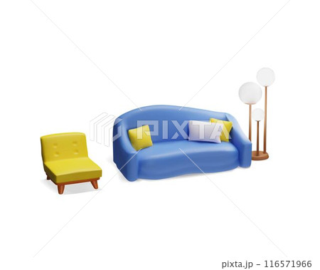 Modern blue sofa with pillows, floor lamp and yellow armchair 3D plastic style vector illustration, couch furniture 116571966