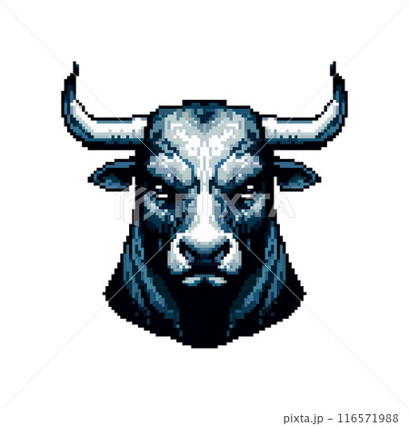 This pixel art illustration depicts a stern bull with prominent horns and an intense gaze. The detailed shading and strong character design evoke a sense of retro gaming nostalgia. 116571988
