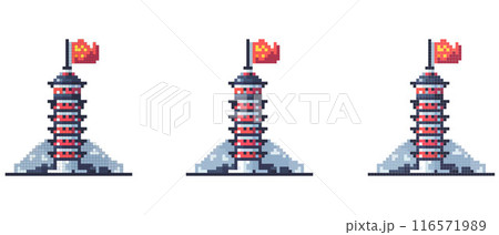 Pixel art depiction of a traditional Asian pagoda with red accents and flag on top. Pixel art depiction of a traditional Asian pagoda with red accents and flag on top. 116571989
