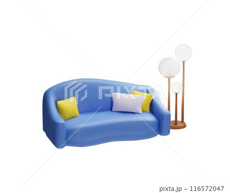 Blue sofa with pillows and floor lamp 3D plastic style vector icon, leather couch rounded back, modern lounge furniture Blue sofa with pillows and floor lamp 3D plastic style vector icon, leather couch rounded back, modern lounge furniture 116572047