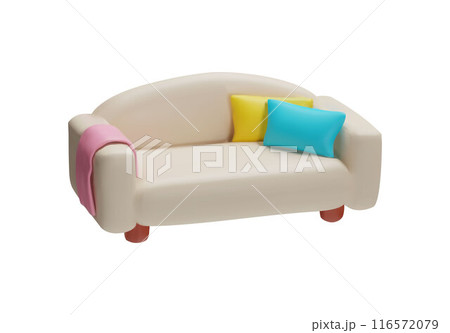 3D light pink sofa with comfortable pillows, plaid and wooden legs on a white background 116572079