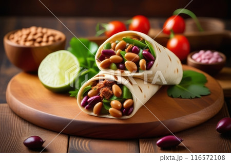 Vegan bean salad with vegetables wrapped in a tortilla on a wooden table with ingredients 116572108