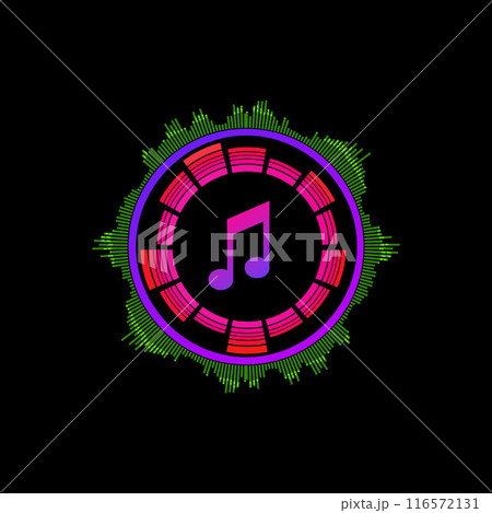 Bright neon particles radial sound waves on an isolated black background. 116572131