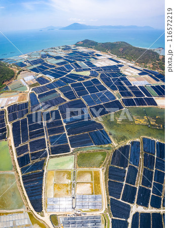 Aerial view of Hon Khoi Salt Fields, in Khanh Hoa, Vietnam 116572219