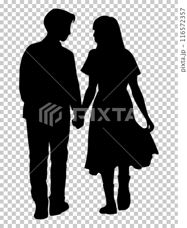 手をつないで顔を見合わせて歩くカップルのシルエット 116572357