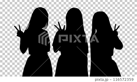ピースサインをする3人の女子の上半身のシルエット 116572359