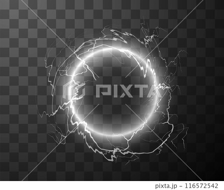 Circle thunderbolt white bolt lightning effect, vector magical ring portal with light rays, electricity and explosion Circle thunderbolt white bolt lightning effect, vector magical ring portal with light rays, electricity and explosion 116572542