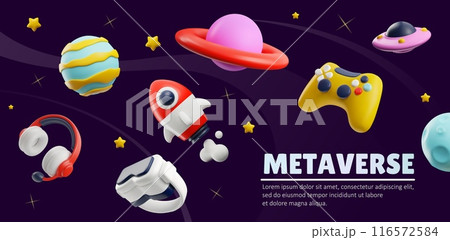 Game metaverse 3D vector banner, gaming joystick, vr glasses, headphones, rocket and planets floating in cosmic space 116572584
