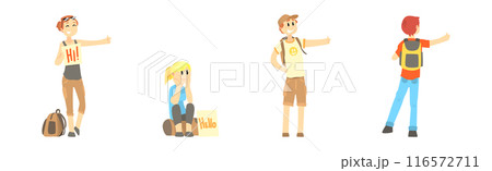 People Character Standing and Hitchhiking Catching Car Vector Set 116572711
