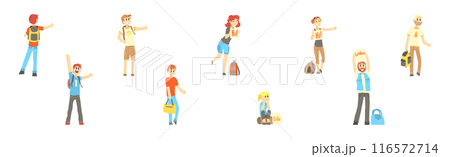 People Character Standing and Hitchhiking Catching Car Vector Set 116572714