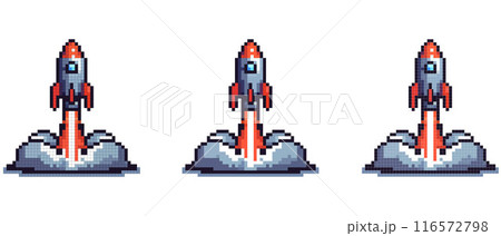 Pixel art illustration of a rocket launch with dynamic orange flames and billowing smoke against a clear backdrop. Pixel art illustration of a rocket launch with dynamic orange flames and billowing smoke against a clear backdrop. 116572798
