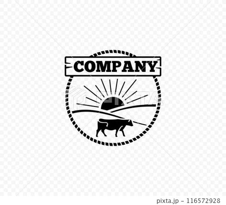 Vector vintage emblem with a silhouette of a cow grazing on a field Vector vintage emblem with a silhouette of a cow grazing on a field 116572928