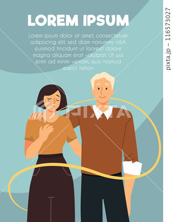 Man hugging crying woman, empathy and support mental health, suicide prevention vector awareness poster, yellow ribbon 116573027