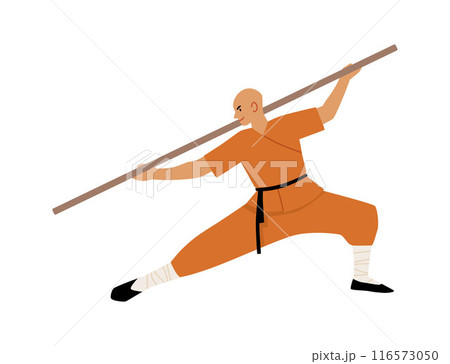 Young man shaolin monk fighter exercising Kung fu fight with wooden stick, Wushu Chinese martial art, practice training Young man shaolin monk fighter exercising Kung fu fight with wooden stick, Wushu Chinese martial art, practice training 116573050