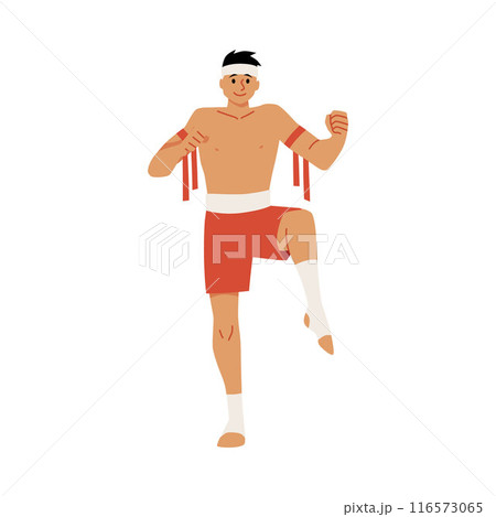 Muay Thai fighter stance. Vector illustration, sports theme. 116573065