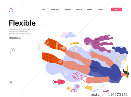 Life Unframed: Diver -modern flat vector concept illustration of a man swimming under the sea. Metaphor of unpredictability, imagination, whimsy, cycle of existence, play, growth and discovery 116573181
