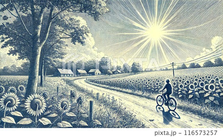 田舎道を行くサイクリスト 116573257