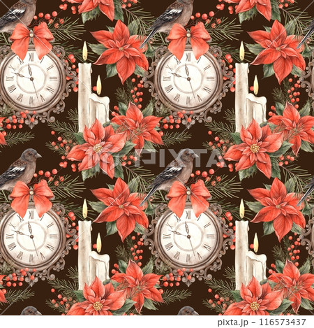 Christmas pattern with poinsettia, antique clock, pine branches, berries, bird, wax candles. Watercolor pattern on a brown background. Design for New Year's holidays, invitations, cards, packaging 116573437