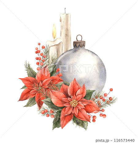 Red poinsettia, glass round ball for the Christmas tree, red berries and wax candles. Watercolor composition in Christmas style. Suitable for New Year party, invitations, cards, decorations, packaging Red poinsettia, glass round ball for the Christmas tree, red berries and wax candles. Watercolor composition in Christmas style. Suitable for New Year party, invitations, cards, decorations, packaging 116573440