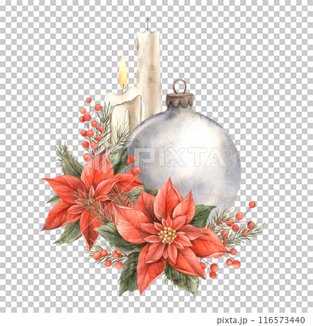 Red poinsettia, glass round ball for the Christmas tree, red berries and wax candles. Watercolor composition in Christmas style. Suitable for New Year party, invitations, cards, decorations, packaging Red poinsettia, glass round ball for the Christmas tree, red berries and wax candles. Watercolor composition in Christmas style. Suitable for New Year party, invitations, cards, decorations, packaging 116573440