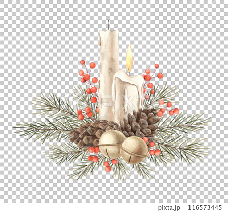Fir branch with cones, wax candles, red berries and bells. Watercolor botanical drawing in Christmas style. Suitable for Christmas and New Year decorations, invitations, cards, wrapping paper Fir branch with cones, wax candles, red berries and bells. Watercolor botanical drawing in Christmas style. Suitable for Christmas and New Year decorations, invitations, cards, wrapping paper 116573445
