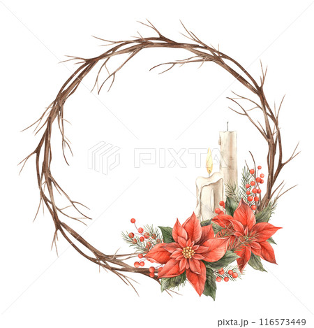 Poinsettia, Christmas red flower, fir branches, red berries, dry branches and wax candles. Watercolor botanical holiday round wreath. Drawing for Christmas and New Year holidays, invitations, cards Poinsettia, Christmas red flower, fir branches, red berries, dry branches and wax candles. Watercolor botanical holiday round wreath. Drawing for Christmas and New Year holidays, invitations, cards 116573449