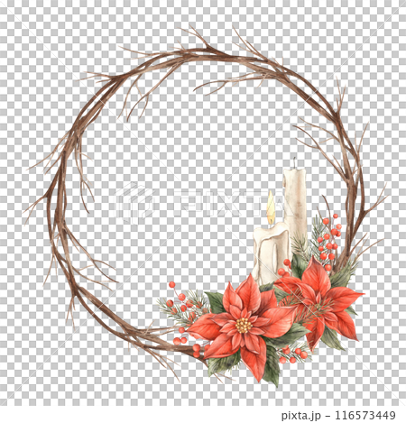 Poinsettia, Christmas red flower, fir branches, red berries, dry branches and wax candles. Watercolor botanical holiday round wreath. Drawing for Christmas and New Year holidays, invitations, cards Poinsettia, Christmas red flower, fir branches, red berries, dry branches and wax candles. Watercolor botanical holiday round wreath. Drawing for Christmas and New Year holidays, invitations, cards 116573449