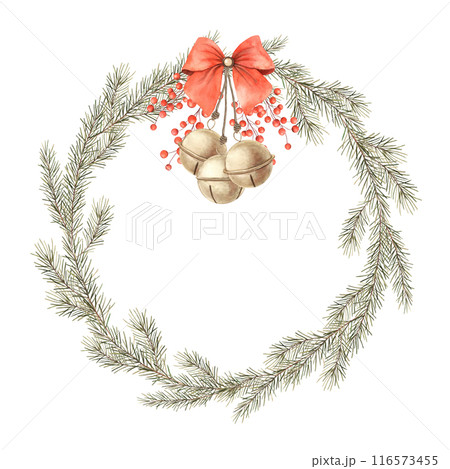 Fir branch, red berries with golden bells and bow. Watercolor botanical wreath on isolated background. Drawings for Christmas and New Year holidays, invitations, cards, wrapping paper, decorations 116573455
