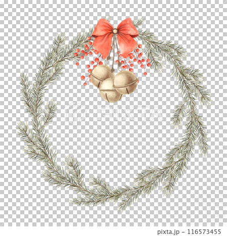 Fir branch, red berries with golden bells and bow. Watercolor botanical wreath on isolated background. Drawings for Christmas and New Year holidays, invitations, cards, wrapping paper, decorations 116573455