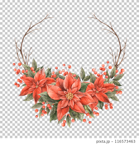 Red poinsettia, green leaves, dry branches, red berries. Watercolor botanical wreath in Christmas style, painted by hand. Drawing for Christmas and New Year holidays, invitations, cards, banners Red poinsettia, green leaves, dry branches, red berries. Watercolor botanical wreath in Christmas style, painted by hand. Drawing for Christmas and New Year holidays, invitations, cards, banners 116573463