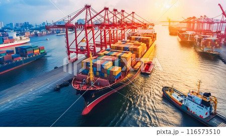 Logistics, container Cargo ship transportation with working crane bridge in deep sea port for import export. 116573510