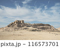 Ancient Desert Ruins Atop Rugged Hill Under Wispy Clouds 116573701