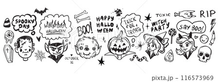Halloween doodle icon set, vector holiday character face, cute cartoon witch, vampire face, pumpkin. 116573969