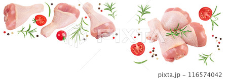 Raw chicken leg or drumstick isolated on white background with full depth of field. Top view with copy space for your text. Flat lay 116574042