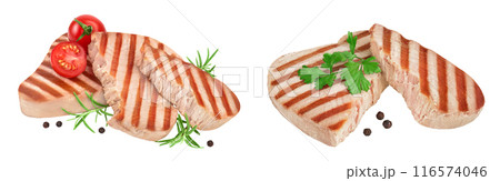 Tuna fish steak grilled isolated on white background with full depth of field 116574046