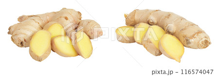 Fresh Ginger root and slices isolated on white background 116574047