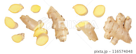 Fresh Ginger root and slices isolated on white background 116574048