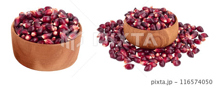 Purple corn seeds in wooden bowl isolated on white background with full depth of field 116574050