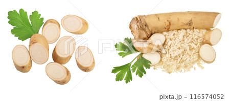 Horseradish root slices and parsley isolated on white background, Top view. Flat lay. 116574052