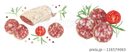 Cured salami sausage slices isolated on white background. Italian cuisine with full depth of field. Top view. Flat lay. Cured salami sausage slices isolated on white background. Italian cuisine with full depth of field. Top view. Flat lay. 116574063