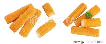 Fish finger or stick isolated on white background. Top view. Flat lay. 116574083