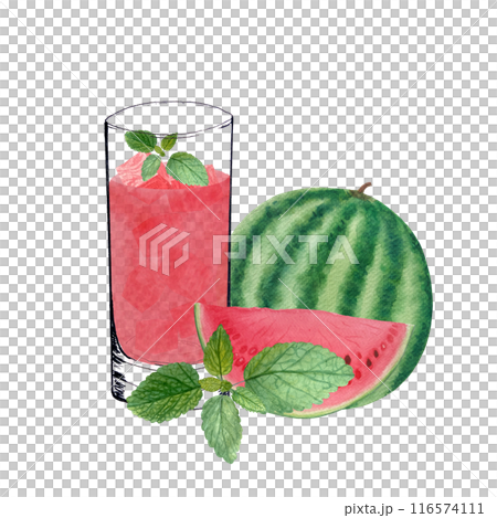 A whole watermelon, a slice with a glass with watermelon cubes, pink juice and mint. Watercolor, ink art isolated on white, hand drawn for food design. Great for summer menu, organic food, logo design 116574111