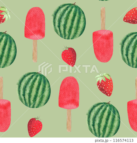 Watermelon whole and strawberry sherbet on a wooden stick. Watercolor seamless pattern on green background, hand drawn for food design. Packages, menu, wrapping paper, food textile, kitchen decor Watermelon whole and strawberry sherbet on a wooden stick. Watercolor seamless pattern on green background, hand drawn for food design. Packages, menu, wrapping paper, food textile, kitchen decor 116574113