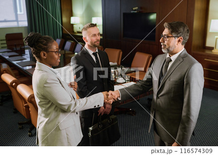 Two confident colleagues shaking hands Two confident colleagues shaking hands 116574309